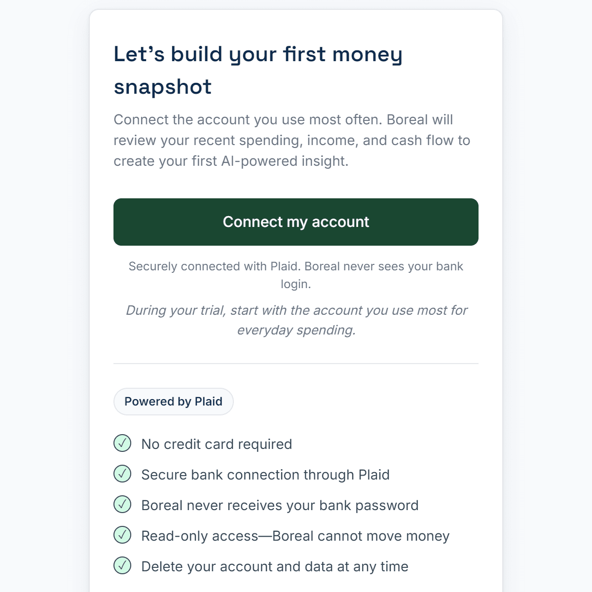 Connect accounts securely through Plaid